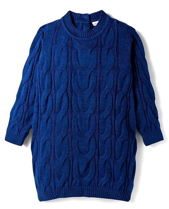 Babyhug Knit Full Sleeves Pullover Woollen Dress with Cable Knit Design - Navy Blue