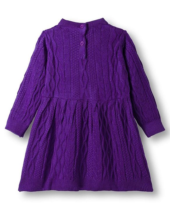Babyhug Knit Full Sleeves Woolen Dress With Cable Knit Design & Bow Applique - Purple