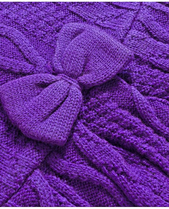 Babyhug Knit Full Sleeves Woolen Dress With Cable Knit Design & Bow Applique - Purple