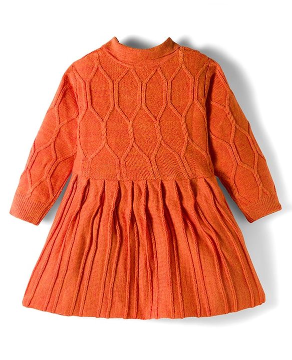 Babyhug Knit Full Sleeves Woollen Dress with Cable Knit Design - Orange