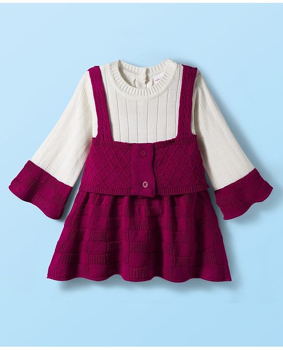 Babyhug Knit Full Sleeves Woollen Dress with Cable Knit Design - Wine & White