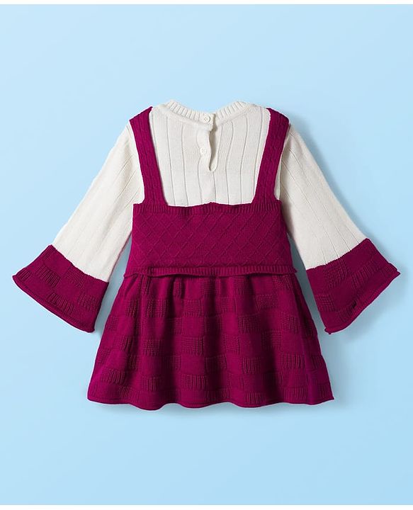 Babyhug Knit Full Sleeves Woollen Dress with Cable Knit Design - Wine & White