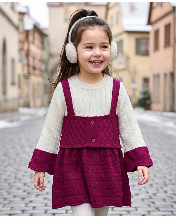 Babyhug Knit Full Sleeves Woollen Dress with Cable Knit Design - Wine & White