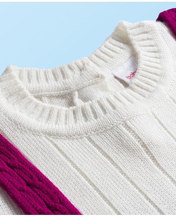 Babyhug Knit Full Sleeves Woollen Dress with Cable Knit Design - Wine & White