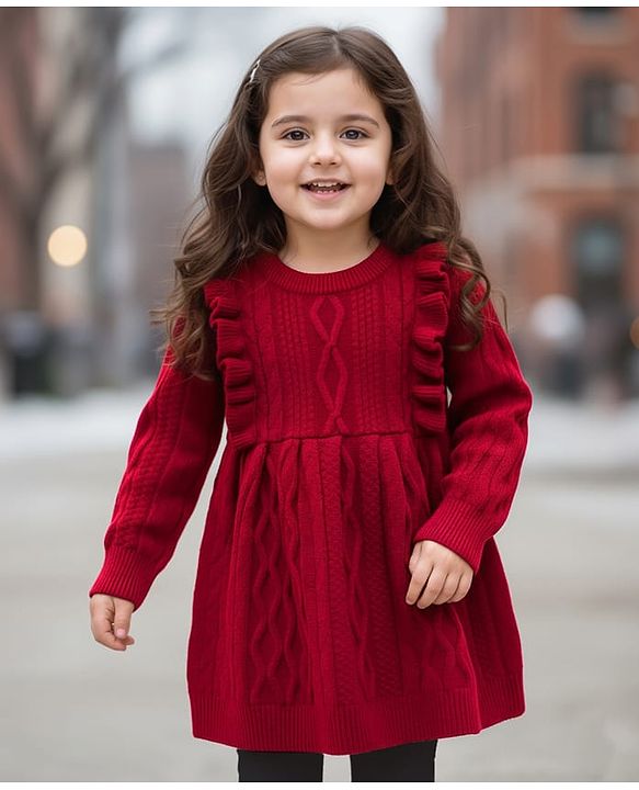 Babyhug Knitted Full Sleeves Woollen Dress With Cable Knit Design - Maroon