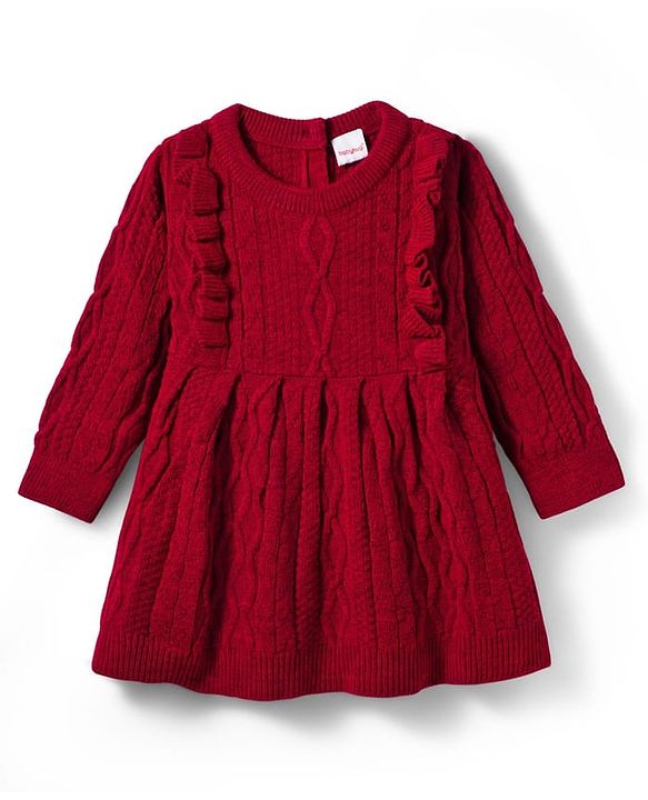 Babyhug Knitted Full Sleeves Woollen Dress With Cable Knit Design - Maroon