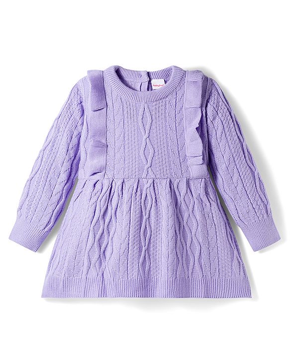 Babyhug Knit Full Sleeves Woollen Dress with Cable Knit Design & Frill Detailing - Lavender