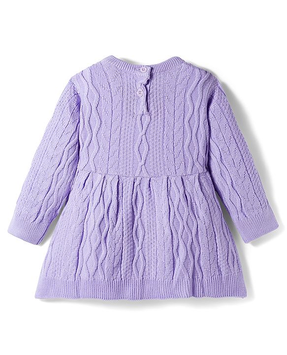 Babyhug Knit Full Sleeves Woollen Dress with Cable Knit Design & Frill Detailing - Lavender