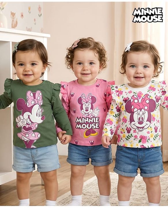 Babyhug Disney Single Jersey Knit Full Sleeves T-Shirts with Minnie Mouse Graphic & Frill Detailing Pack of 3 - Multicolor
