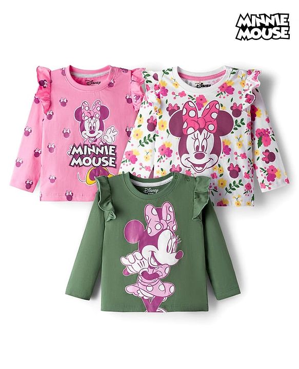 Babyhug Disney Single Jersey Knit Full Sleeves T-Shirts with Minnie Mouse Graphic & Frill Detailing Pack of 3 - Multicolor