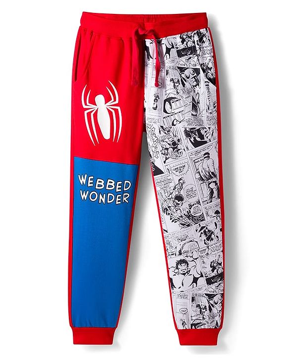 Pine Kids Marvel Terry Knit  Full Length Cut and Sew Track Pant with Spider-Man Graphic - Red & Blue