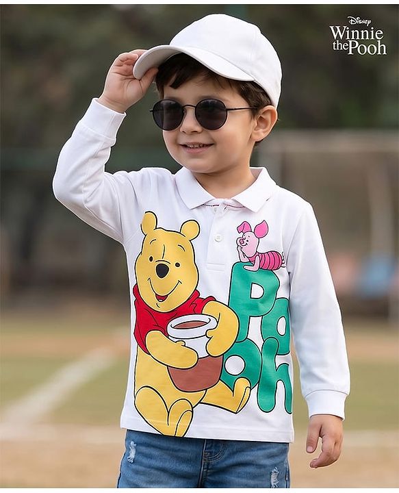 Babyhug Disney Single Jersey Knit Full Sleeves Polo T-Shirt with Winnie the Pooh Graphic - White