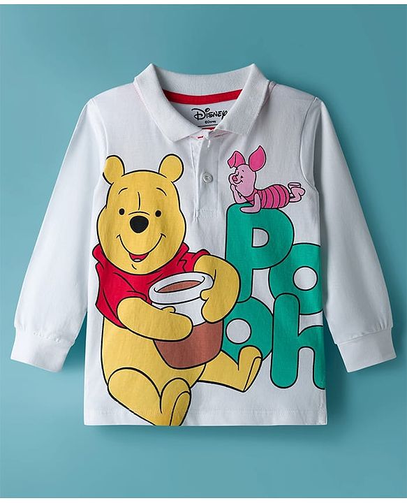Babyhug Disney Single Jersey Knit Full Sleeves Polo T-Shirt with Winnie the Pooh Graphic - White