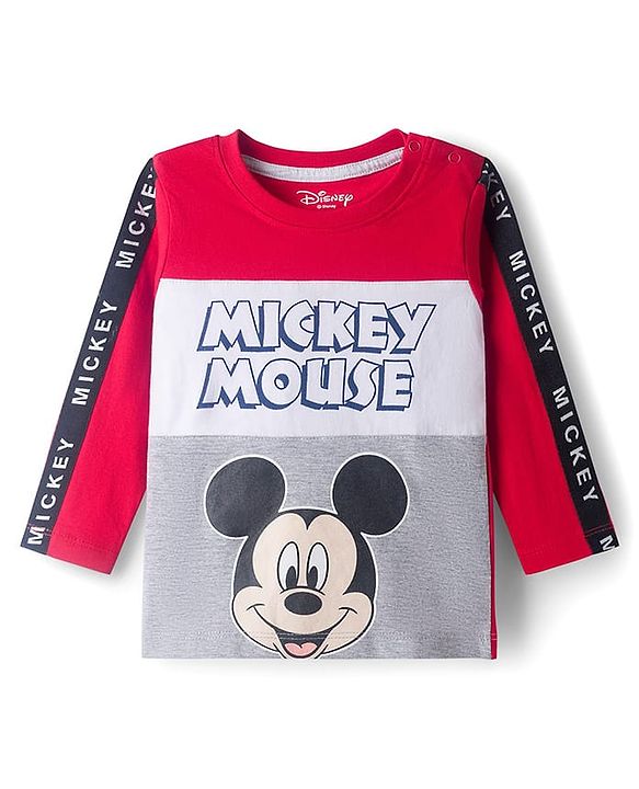 Babyhug Disney Single Jersey Knit Full Sleeves Cut & Sew T-Shirt & Lounge Pant Set with Mickey Mouse Graphic & Tape Detailing - Red