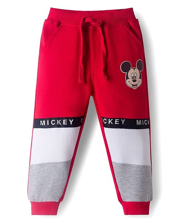 Babyhug Disney Single Jersey Knit Full Sleeves Cut & Sew T-Shirt & Lounge Pant Set with Mickey Mouse Graphic & Tape Detailing - Red