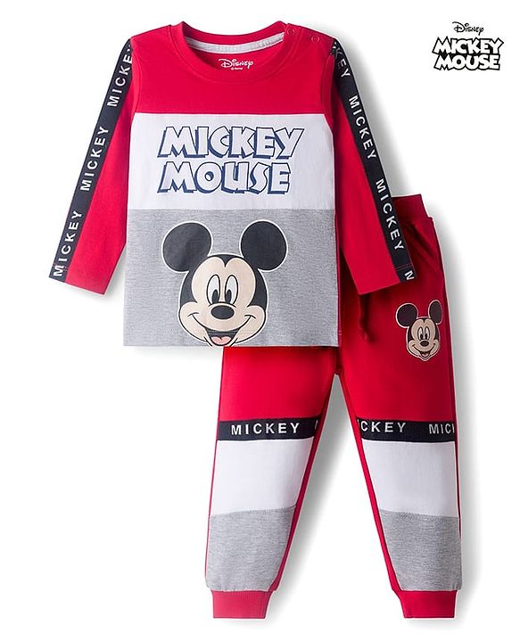 Babyhug Disney Single Jersey Knit Full Sleeves Cut & Sew T-Shirt & Lounge Pant Set with Mickey Mouse Graphic & Tape Detailing - Red