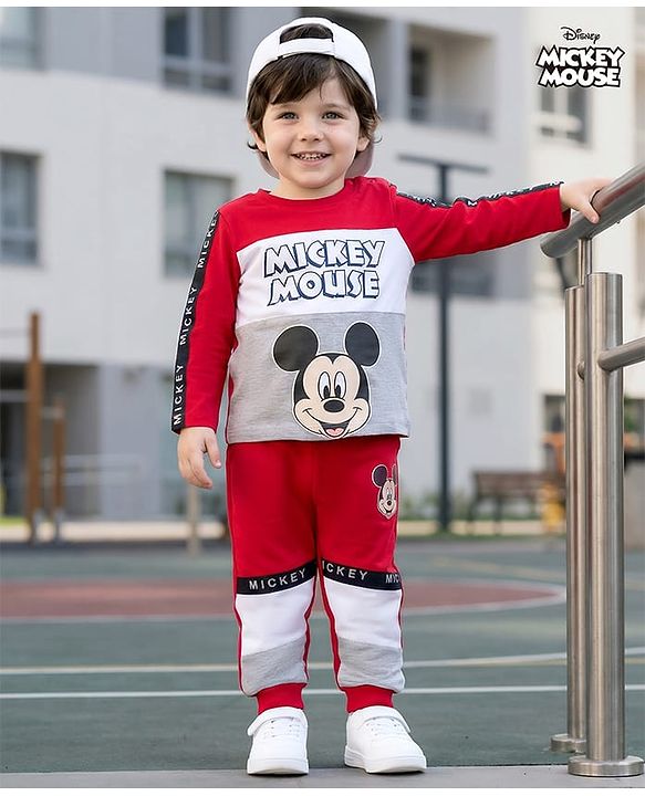 Babyhug Disney Single Jersey Knit Full Sleeves Cut & Sew T-Shirt & Lounge Pant Set with Mickey Mouse Graphic & Tape Detailing - Red