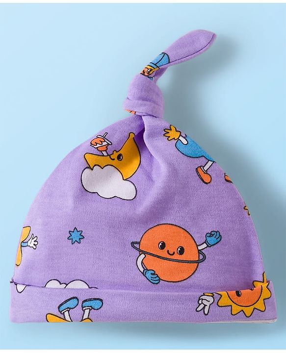 Babyhug 100% Cotton Knit Knot Cap With Stripes & Floral Print Pack of 2 Purple - Diameter 9.5 cm