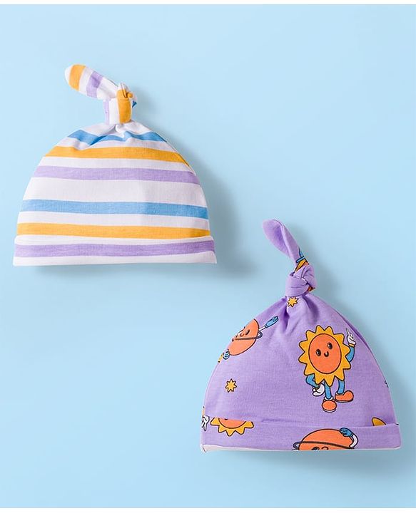 Babyhug 100% Cotton Knit Knot Cap With Stripes & Floral Print Pack of 2 Purple - Diameter 9.5 cm