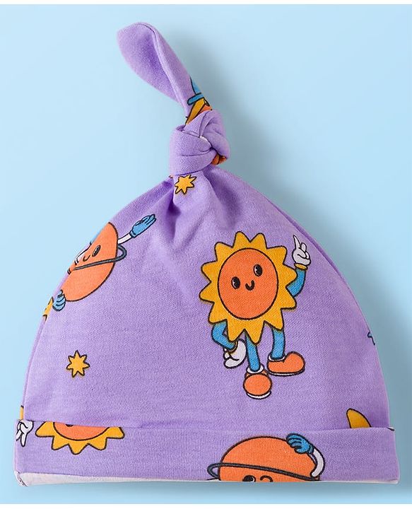 Babyhug 100% Cotton Knit Knot Cap With Stripes & Floral Print Pack of 2 Purple - Diameter 9.5 cm