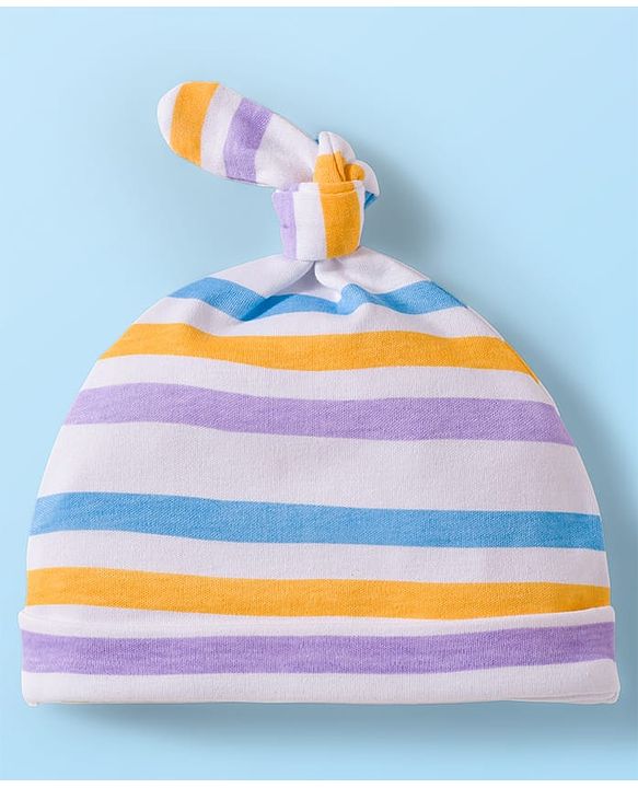Babyhug 100% Cotton Knit Knot Cap With Stripes & Floral Print Pack of 2 Purple - Diameter 9.5 cm