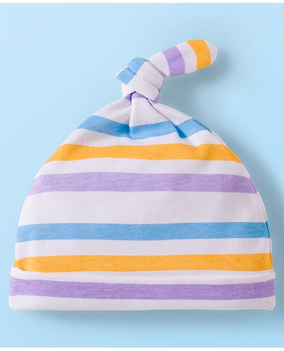 Babyhug 100% Cotton Knit Knot Cap With Stripes & Floral Print Pack of 2 Purple - Diameter 9.5 cm