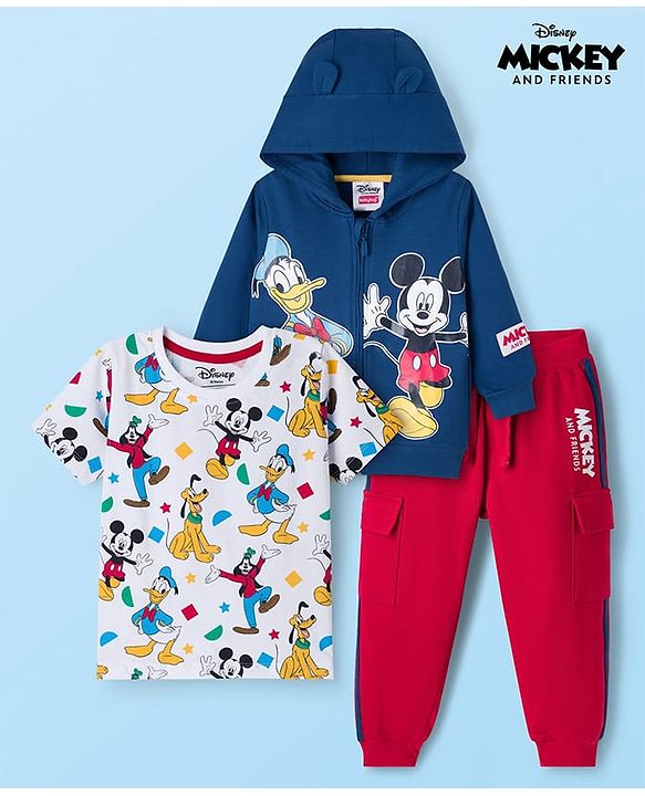 Babyhug Disney Single Jersey Knit Full Sleeves Hooded SweatJacket & Lounge Pant Set with T-Shirt & Mickey Mouse Graphic Pocket Detailing - Multicolor