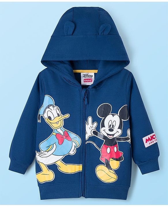 Babyhug Disney Single Jersey Knit Full Sleeves Hooded SweatJacket & Lounge Pant Set with T-Shirt & Mickey Mouse Graphic Pocket Detailing - Multicolor