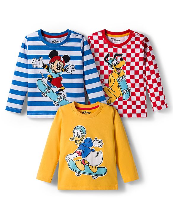Babyhug Disney Single Jersey Knit Full Sleeves T-Shirts with Mickey & Friends Graphic Pack of 3 - Yellow Blue & Red