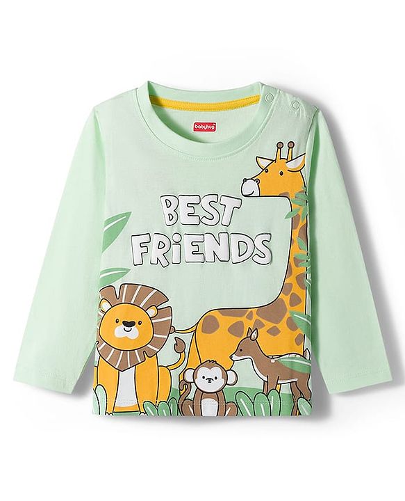 Babyhug 100% Cotton Knit Full Sleeves T-Shirt with Jungle Theme Print - Light Green
