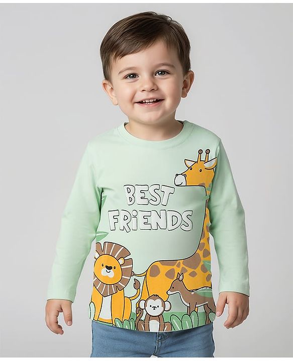 Babyhug 100% Cotton Knit Full Sleeves T-Shirt with Jungle Theme Print - Light Green
