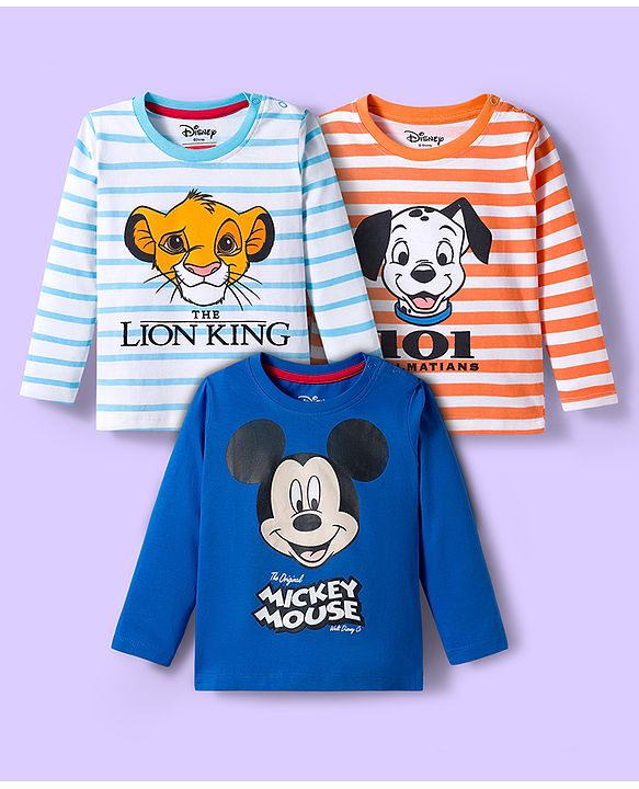 Babyhug Disney Single Jersey Knit Full Sleeves T-Shirts with Disney Characters Graphic Pack of 3 - Light Blue Orange & Blue