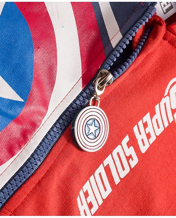 Babyhug Marvel Terry Knit Drop Shoulder Full Sleeves Cut & Sew Hooded Sweatjacket With Front & Back Avengers Foil Print & Kangaroo Pockets - Red & Blue