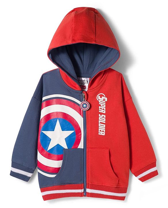 Babyhug Marvel Terry Knit Drop Shoulder Full Sleeves Cut & Sew Hooded Sweatjacket With Front & Back Avengers Foil Print & Kangaroo Pockets - Red & Blue