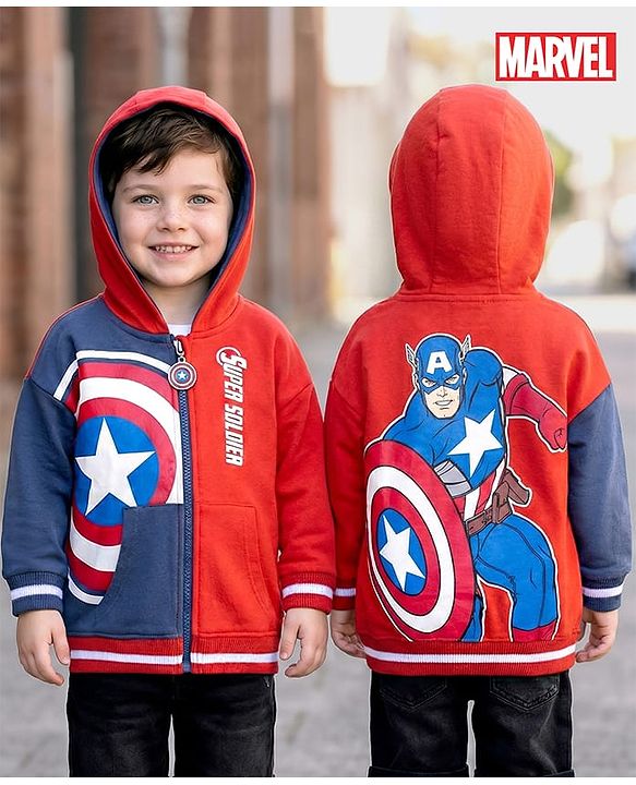 Babyhug Marvel Terry Knit Drop Shoulder Full Sleeves Cut & Sew Hooded Sweatjacket With Front & Back Avengers Foil Print & Kangaroo Pockets - Red & Blue