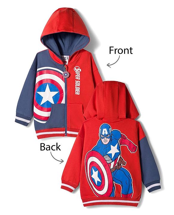 Babyhug Marvel Terry Knit Drop Shoulder Full Sleeves Cut & Sew Hooded Sweatjacket With Front & Back Avengers Foil Print & Kangaroo Pockets - Red & Blue