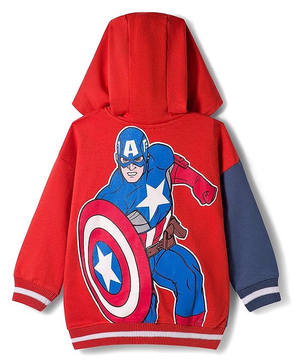 Babyhug Marvel Terry Knit Drop Shoulder Full Sleeves Cut & Sew Hooded Sweatjacket With Front & Back Avengers Foil Print & Kangaroo Pockets - Red & Blue