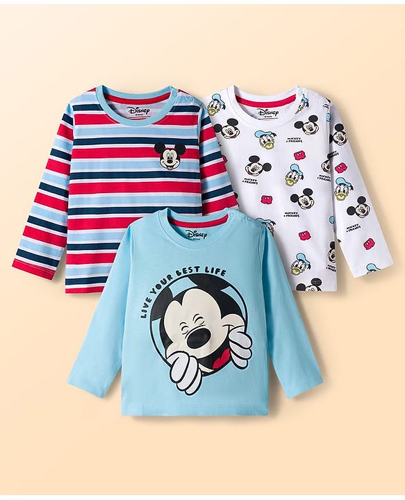 Babyhug Disney Single Jersey Knit Full Sleeves T-Shirts with Mickey Mouse Graphics & Stripes Pack of 3 - Multicolor