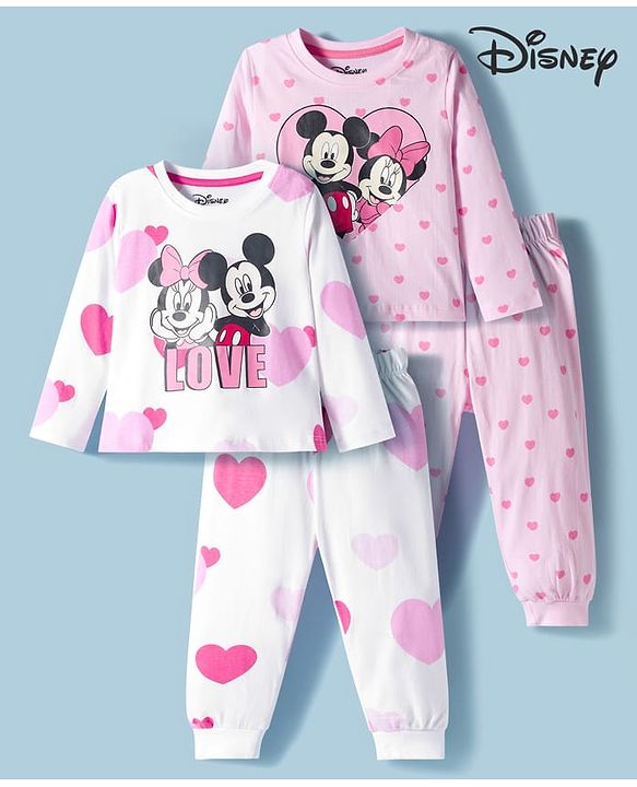 Babyhug Disney Single Jersey Knit Full Sleeves Night Suit with Minnie Graphic Pack of 2 - Pink & White