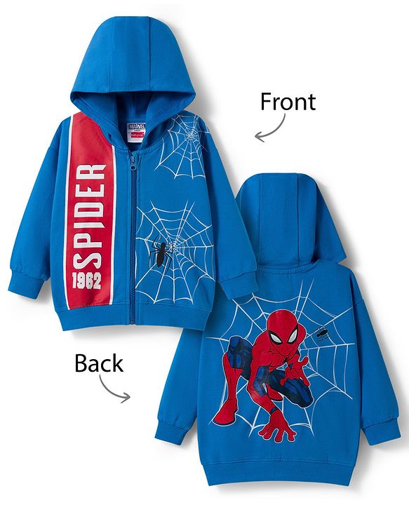 Babyhug Marvel Terry Knit Drop Shoulder Full Sleeves Hooded SweatJacket with Spiderman Front & Back Graphic - Blue