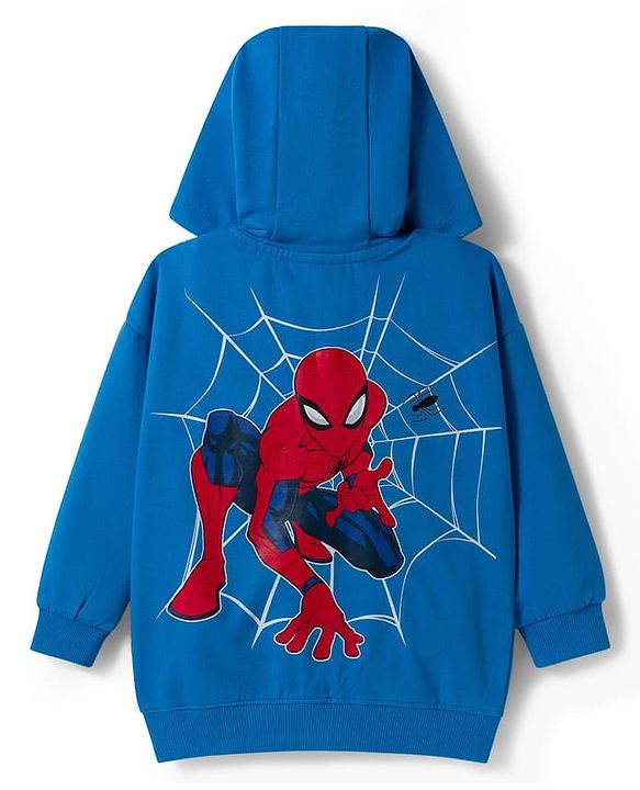 Babyhug Marvel Terry Knit Drop Shoulder Full Sleeves Hooded SweatJacket with Spiderman Front & Back Graphic - Blue