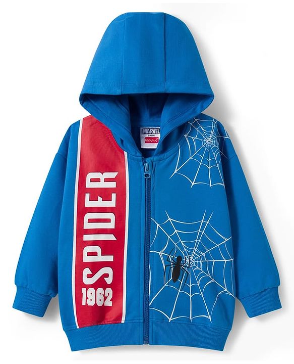 Babyhug Marvel Terry Knit Drop Shoulder Full Sleeves Hooded SweatJacket with Spiderman Front & Back Graphic - Blue