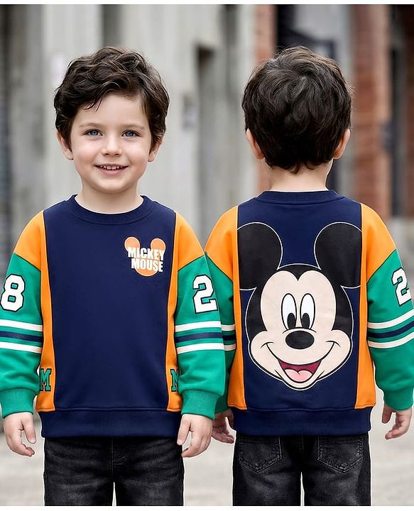 Babyhug Disney Terry Knit Drop Shoulder Full Sleeves Cut & Sew Sweatshirt With Front & Back Mickey Mouse Graphics - Multicolor