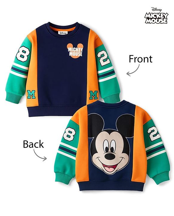 Babyhug Disney Terry Knit Drop Shoulder Full Sleeves Cut & Sew Sweatshirt With Front & Back Mickey Mouse Graphics - Multicolor