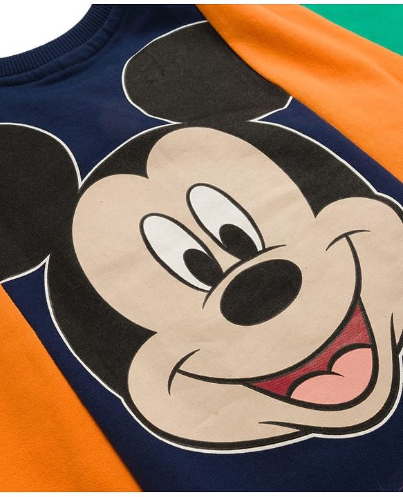 Babyhug Disney Terry Knit Drop Shoulder Full Sleeves Cut & Sew Sweatshirt With Front & Back Mickey Mouse Graphics - Multicolor