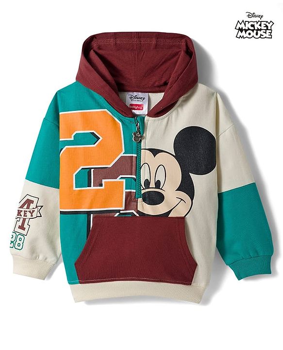Babyhug Disney Terry Knit Drop Shoulder Full Sleeves Cut & Sew Hooded Sweatshirt With Mickey Mouse Graphics & Kangaroo Pockets - Multicolor