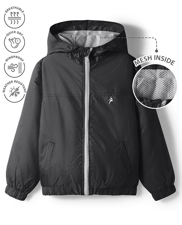 Pine Active Knit Full Sleeve Ultra Comfort Lightweight Windbreaker Athleisure Hooded Jacket - Black