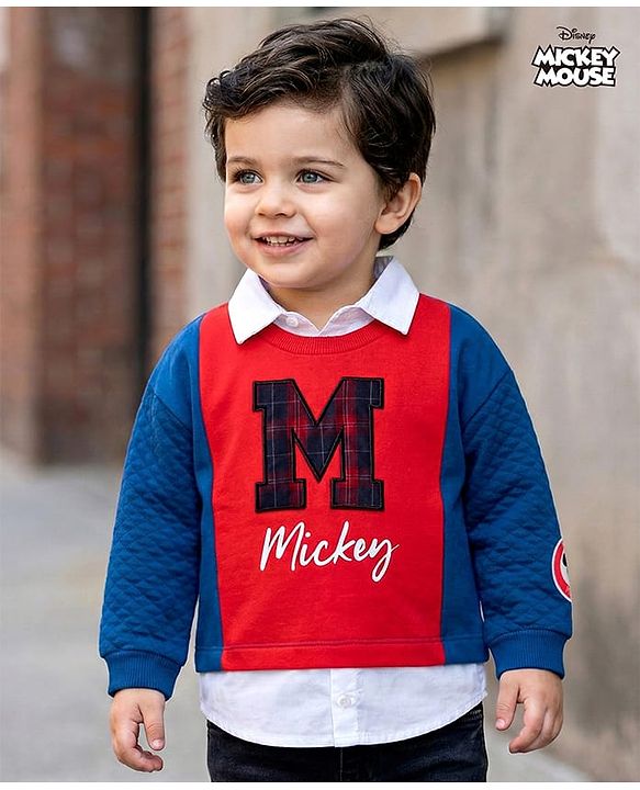 Babyhug Disney Terry Knit Drop Shoulder Full Sleeves Sweatshirt With Attached Inner Shirt & Mickey Mouse Graphics & Badge Detailing - Blue & Red