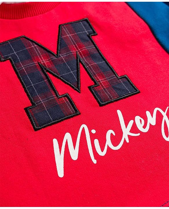 Babyhug Disney Terry Knit Drop Shoulder Full Sleeves Sweatshirt With Attached Inner Shirt & Mickey Mouse Graphics & Badge Detailing - Blue & Red