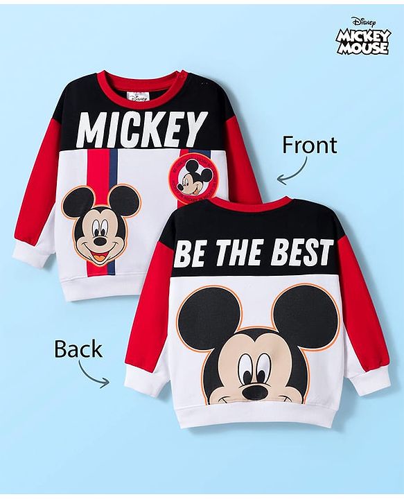 Babyhug Disney Terry Knit Drop Shoulder Full Sleeves Cut & Sew Sweatshirt With Front & Back Mickey Graphics & Badge Detailing - Multicolor